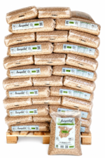 Natürliche Burpellet-Holzpellets, 6 mm Pellets, für Biomasseheizung, in Paletten von 72 Säcken à 15 kg, zertifiziert nach hoher Energieeffizienz.